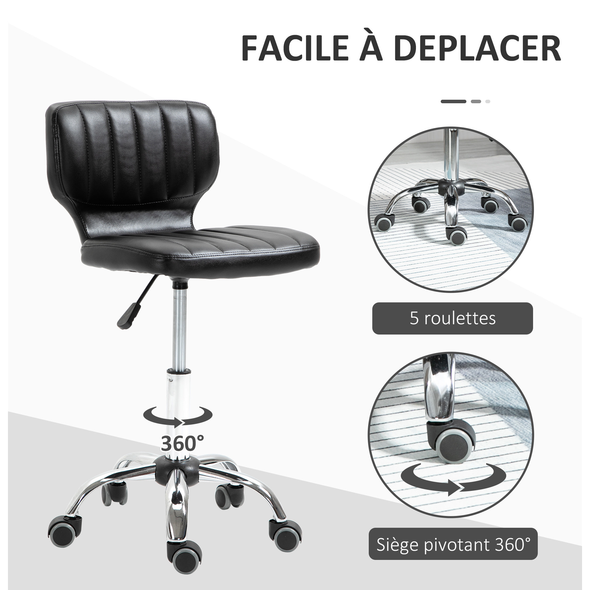 Tabouret de massage - tabouret de travail pivotant 360° - hauteur assise réglable 47-62 cm - revêtement synthétique matelassé noir métal chromé