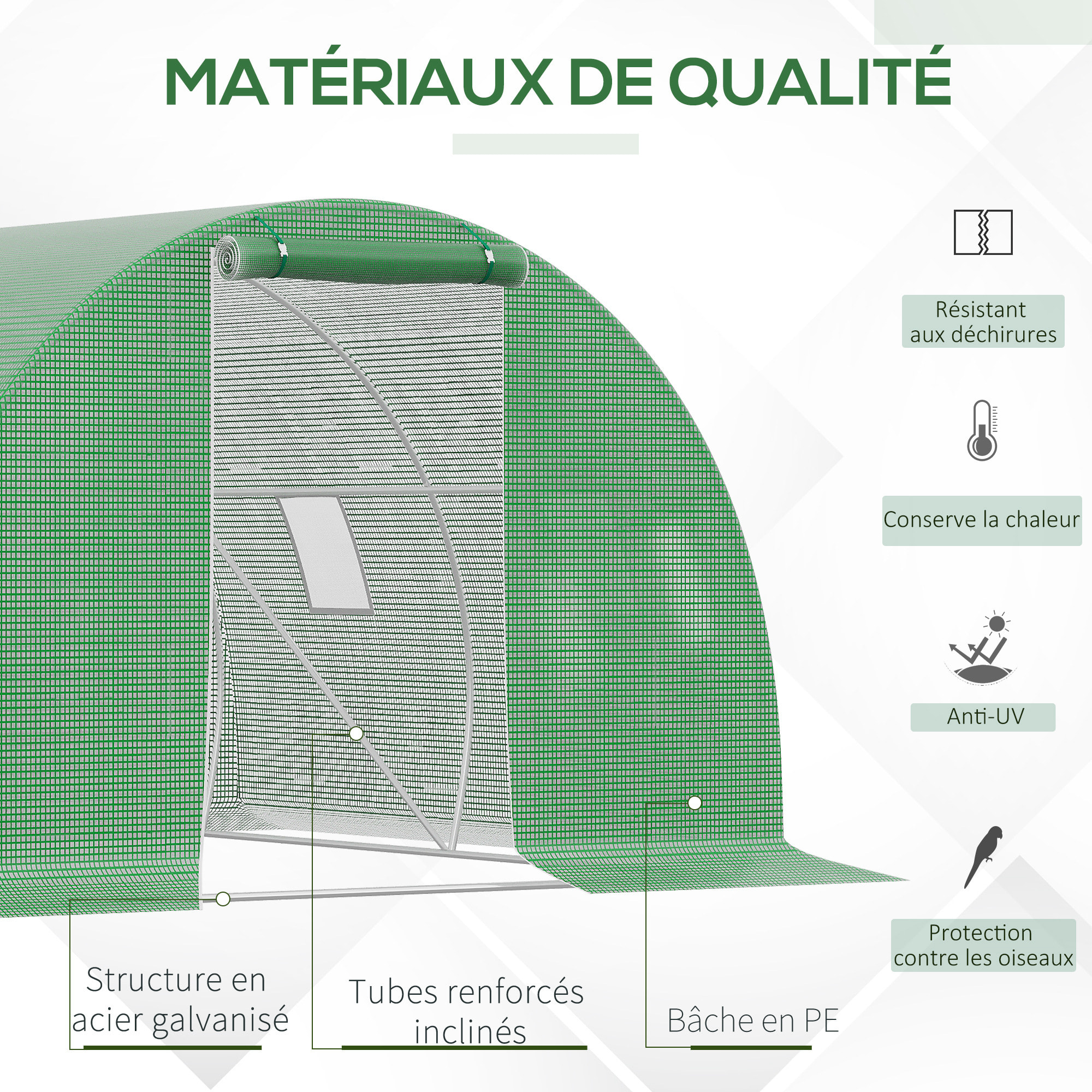 Serre tunnel de jardin 9 m² - 3 x 3 x 2 m - 4 fenêtres, porte zippée enroulable - acier galvanisé PE haute densité vert