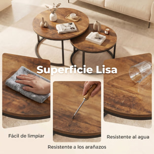 HOMCOM Set de 2 Mesas de Centro Redondas, Mesas Nido Industriales con Estructura Metálica para Salón, Dormitorio u Oficina, 60x60x 45 cm, Marrón
