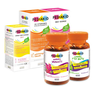 PEDIAKID - Pack Enfants Automne/Hiver - PEDIAKID Sirop Nez-Gorge + PEDIAKID 22 Vitamines & Oligo-éléments + PEDIAKID spray Nez-Gorge + PEDIAKID gommes immunité + PEDIAKID gommes P'tit Biotic