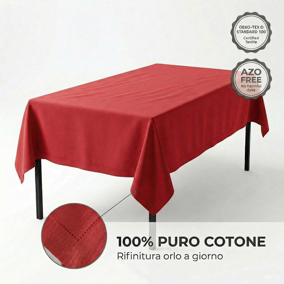 Tovaglia in cotone ajour elegante e versatile, tessuto morbido e resistente, ideale per tavola quotidiana e occasioni formali, design raffinato e discreto, facile da lavare e stirare, certificata sicura per uso domestico