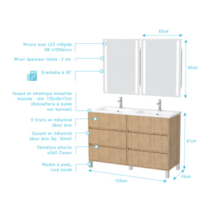 Meuble Salle de Bains 120 cm Chêne Clair 6 Tiroirs, Vasque, Miroirs 60x80 à Leds intégrées - XENOS