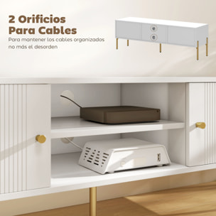 Mueble de TV Moderno de 2 Puertas, Mesa TV para Salón con 2 Estantes Abiertos Ajustables, Orificios Pasacables, Patas de Acero, para Televisión 65 Pulgadas, 140x38x45,9 cm, Blanco