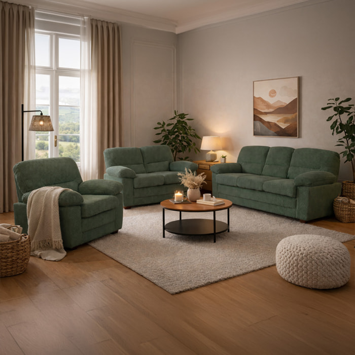 Canapé 3 places + 2 places + fauteuil en velours côtelé vert foncé MATHEW