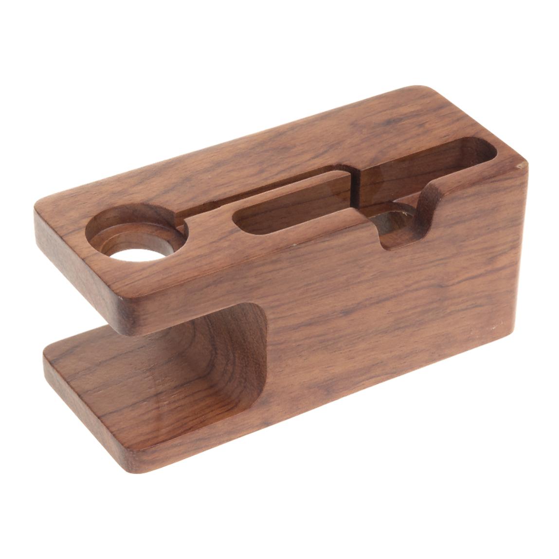 Soporte de madera para smartphone y iWatch, con organizador de cables.