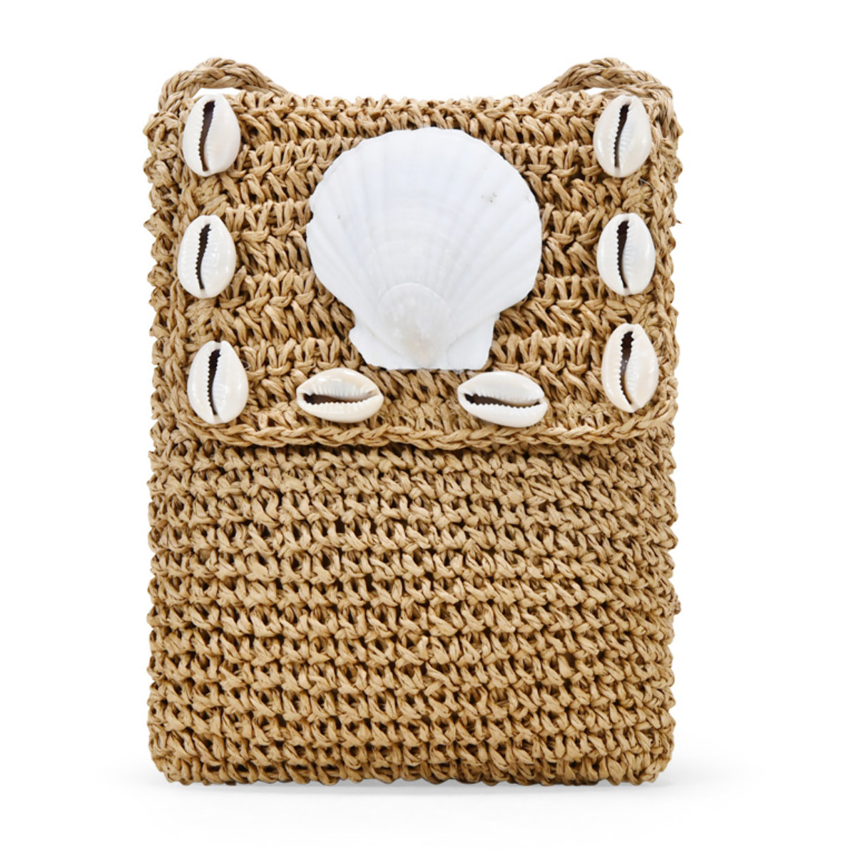 Bolso para móvil marrón en rafia con conchas