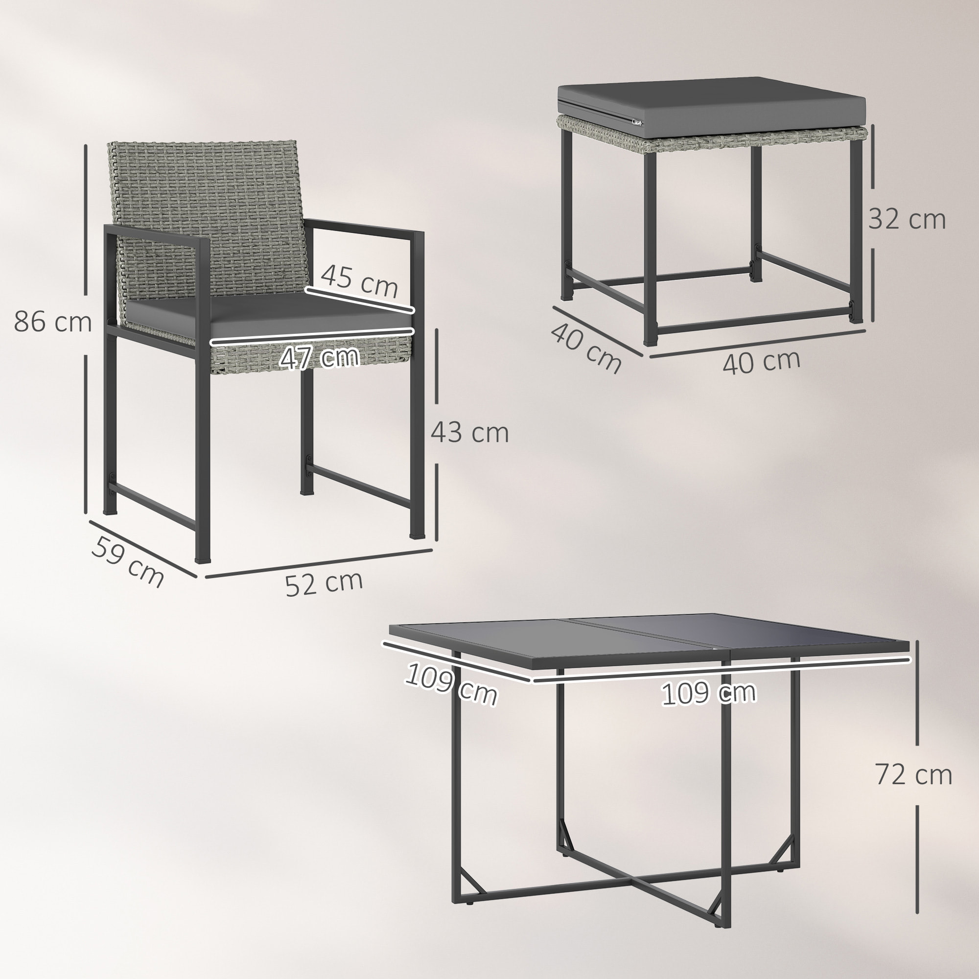 Ensemble salon de jardin 8 places 9 pièces - 4 fauteuils, 4 tabourets, table à manger - acier résine tressée gris