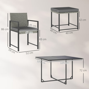 Ensemble salon de jardin 8 places 9 pièces - 4 fauteuils, 4 tabourets, table à manger - acier résine tressée gris