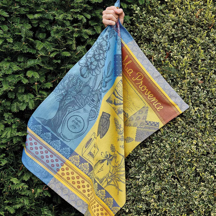 Torchon pur coton motif jacquard bleu jaune Ma provence curry