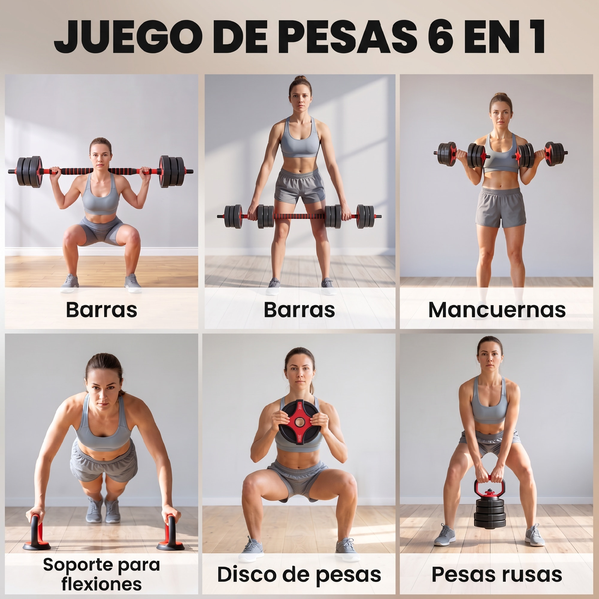 Juego de Mancuernas Ajustables 5 en 1 20kg, Juego de Pesas como Kettlebell, Barra, Mancuernas o Soporte para Flexiones, Equipo de Fitness para Hombres y Mujeres, Casa Gimnasio, Negro y Rojo