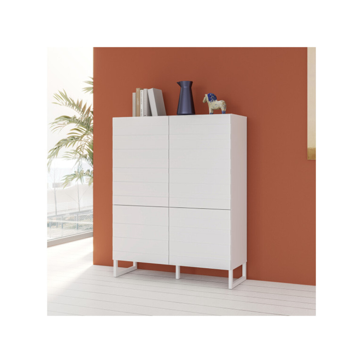 Armoire H140 cm 4 portes texturées blanc mat et pieds luge - BRITANIA