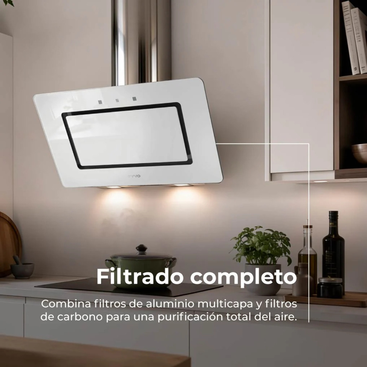 EVVO Campana extractora 60 cm decorativa CE43 White, 800 m³/h, táctil y gestual, filtro aluminio y carbón, eficiencia A++