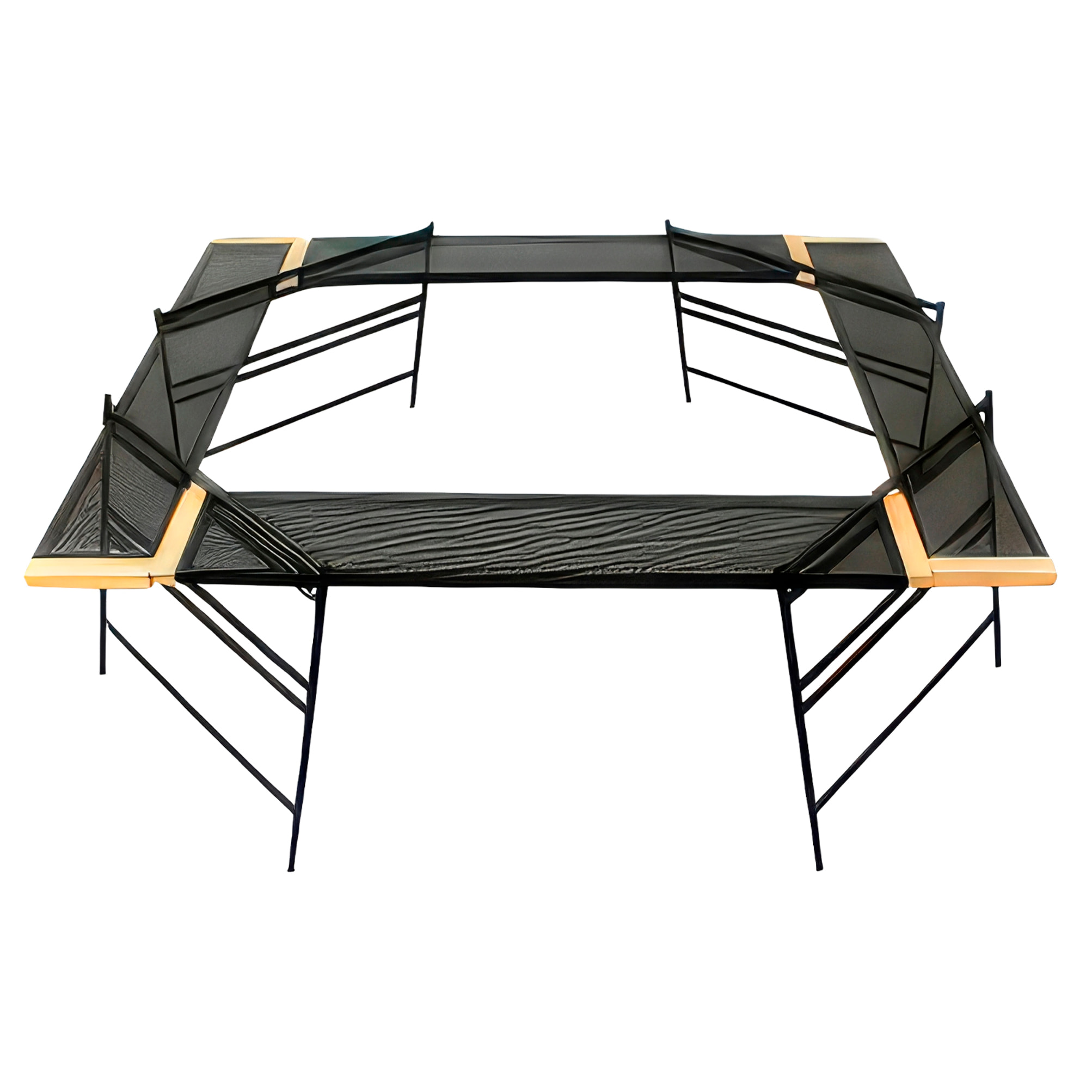Mesa modular T2 plegable y resistente con estructura de hierro, esquinas de haya, múltiples configuraciones de montaje y funda de transporte incluida.