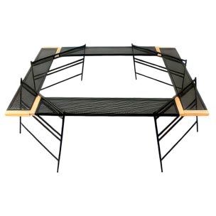 Mesa modular T2 plegable y resistente con estructura de hierro, esquinas de haya, múltiples configuraciones de montaje y funda de transporte incluida.
