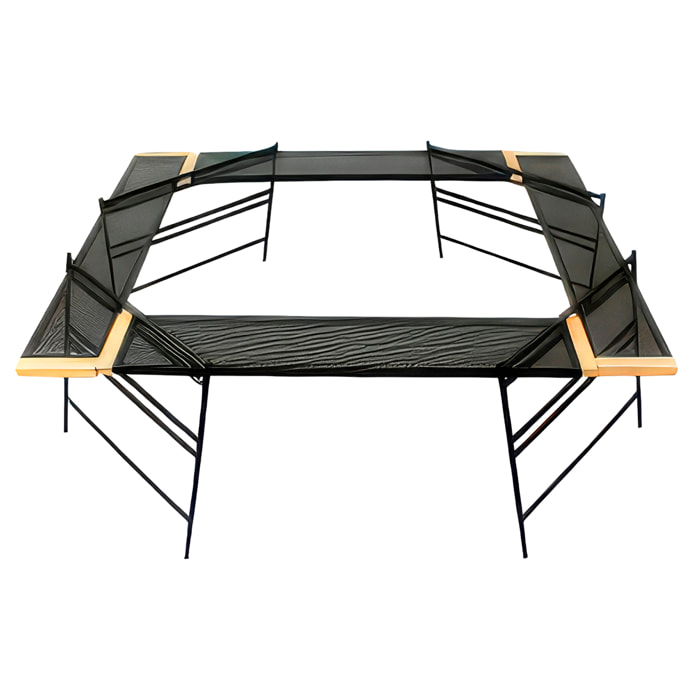 Mesa modular T2 plegable y resistente con estructura de hierro, esquinas de haya, múltiples configuraciones de montaje y funda de transporte incluida.