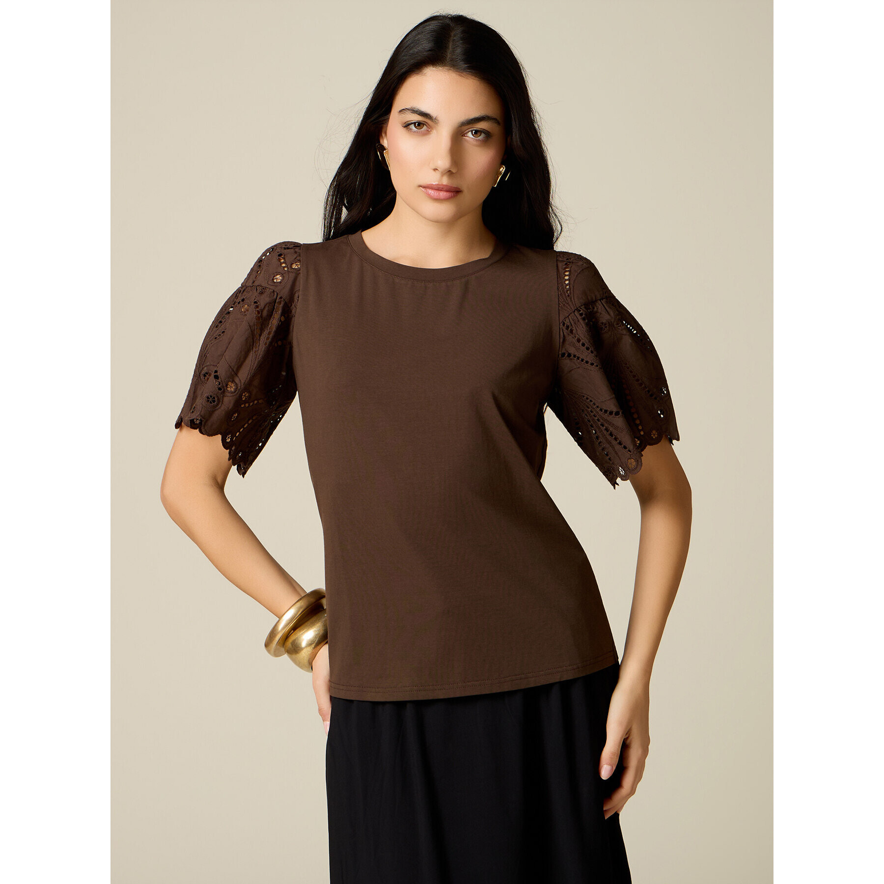 Oltre - T-shirt con maniche in sangallo - Marrone