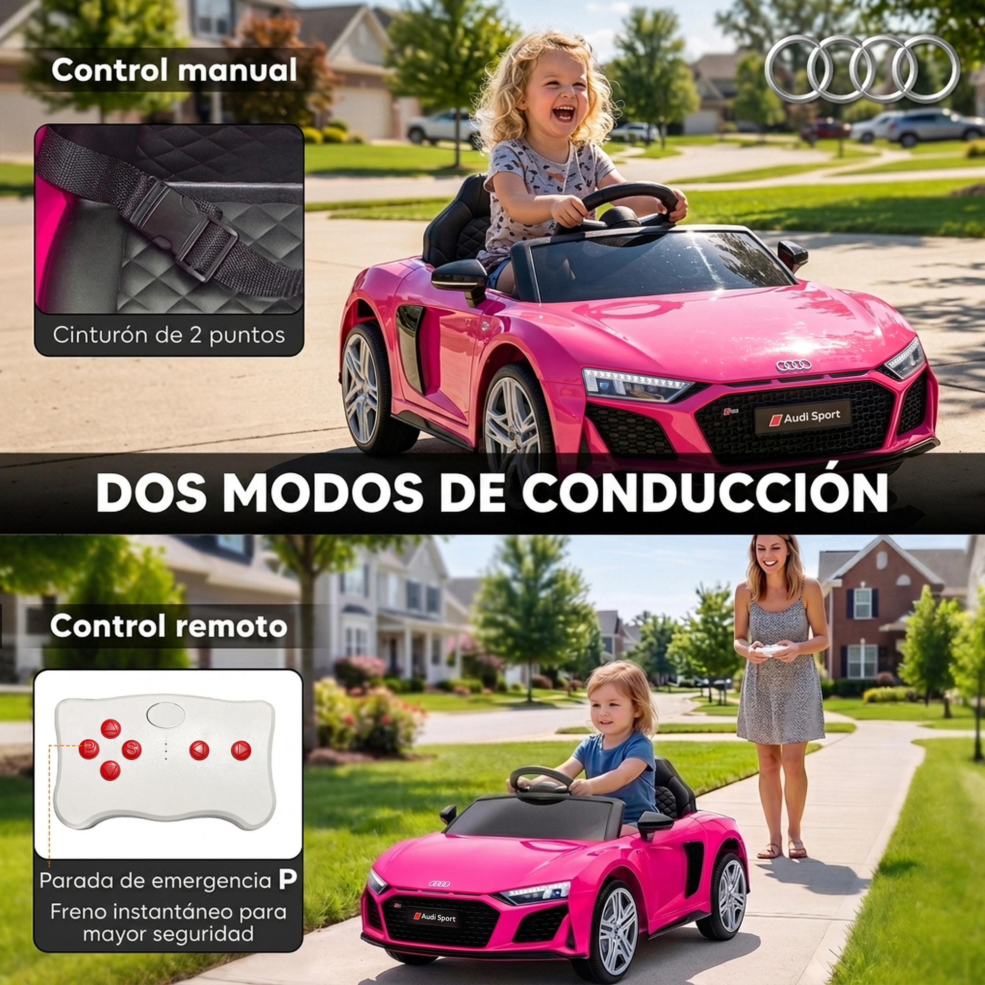 Coche Eléctrico para Niños Audi R8 Spyder Coche de Batería Litio 12V con Mando a Distancia 2,4 G 2 Motores Arranque Suave Suspensión Trasera Música Bocina USB Faros LED +3 Años 3-5km/h Rosa