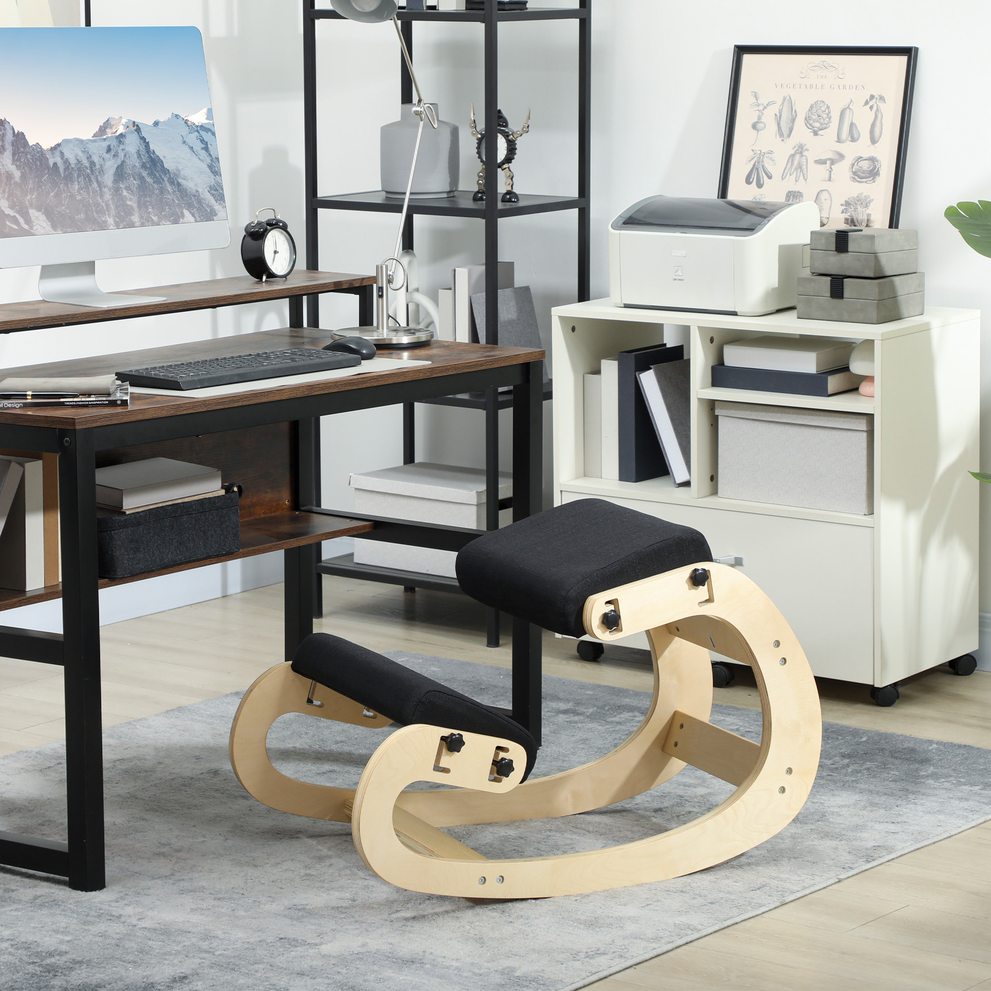 Siège ergonomique - siège assis-genoux - chaise assis genoux grand confort - bois bouleau tissu noir
