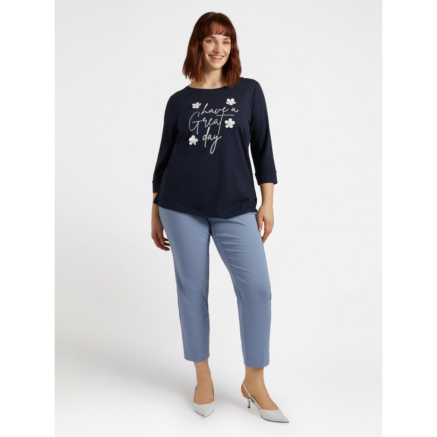 Fiorella Rubino - Camiseta con texto y flores bordadas - Azul