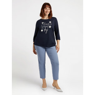 Fiorella Rubino - Camiseta con texto y flores bordadas - Azul