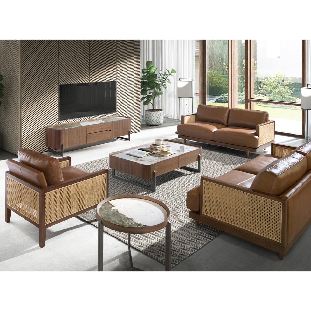 Mueble TV de madera chapada en nogal natural y patas de acero inoxidable oscuro metalizado tapa de mármol porcelánico blanco con vetas en tonalidades grises y marrones en brillo 200x45x52cm