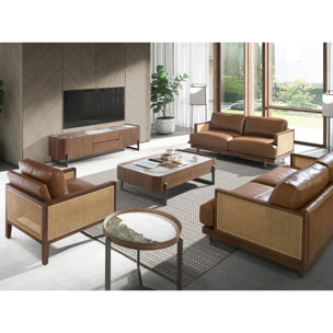 Mueble TV de madera chapada en nogal natural y patas de acero inoxidable oscuro metalizado tapa de mármol porcelánico blanco con vetas en tonalidades grises y marrones en brillo 200x45x52cm