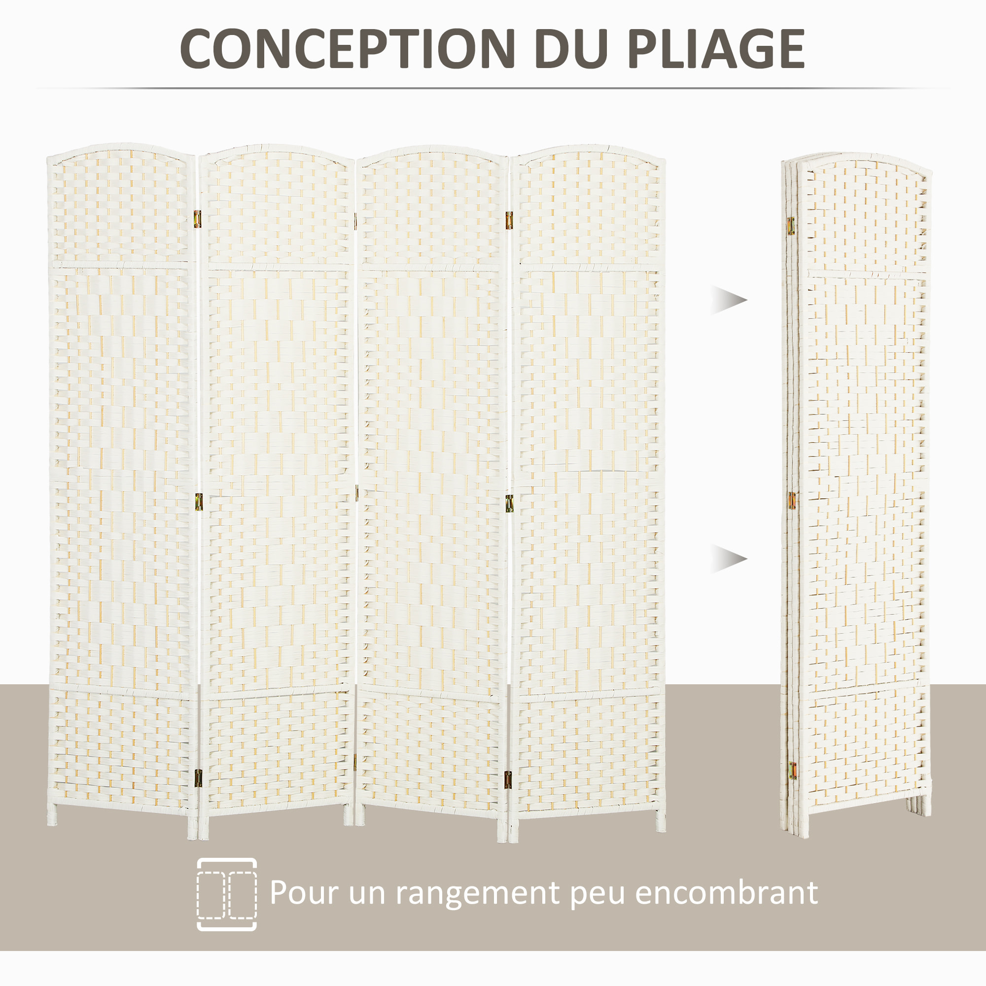 Paravent intérieur en bois 4 panneaux 180 x 180 cm séparateur de pièce pliable bois blanc