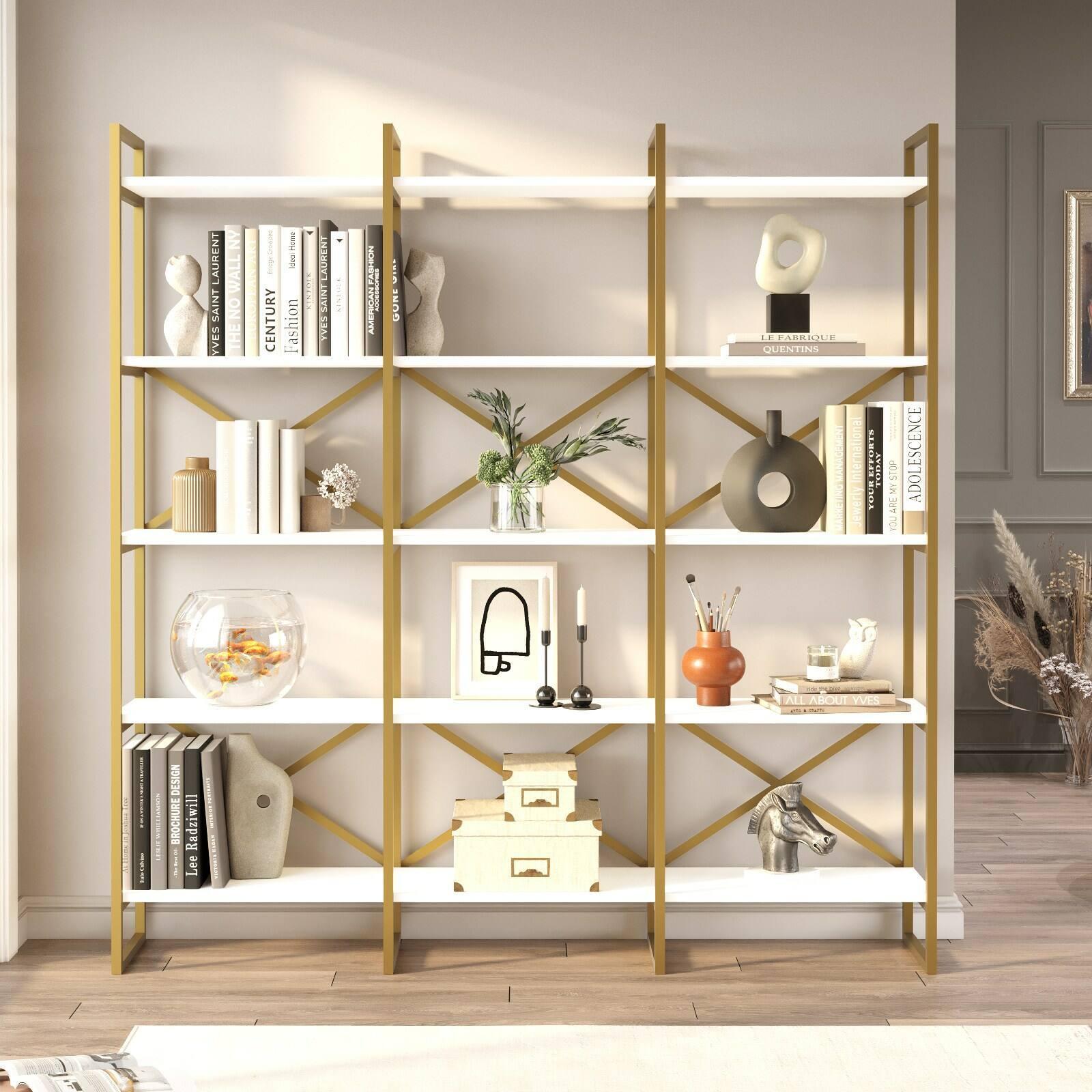 Libreria Dpezzott, Scaffale da ufficio, Mobile portalibri, Biblioteca, 170x30h175 cm, Bianco e Oro