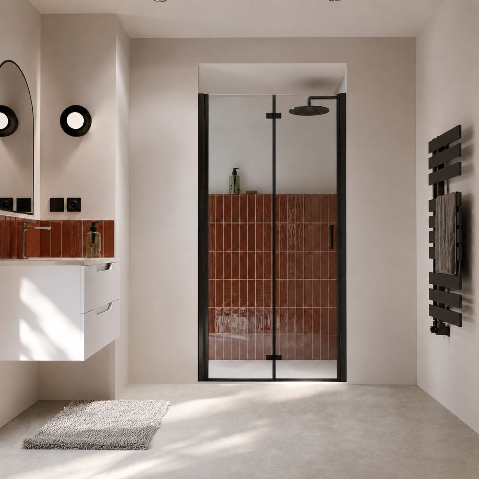 Porte de douche pivotante pliante double sens avec charnières 90x195 cm - Profilé Noir mat - ORIANA