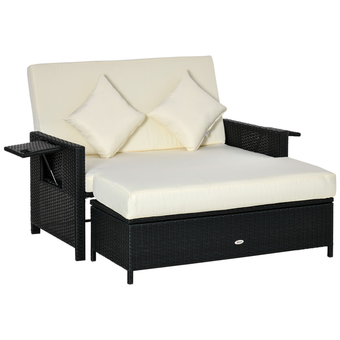 Ensemble de jardin 2 places : canapé dossier inclinable tablettes coffre matelas et coussins intégrées + repose-pieds résine tressée 4 fils noire polyester crème