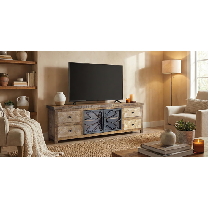 Mueble TV de Madera de Mango 170 Cm Estilo Industrial Moderno