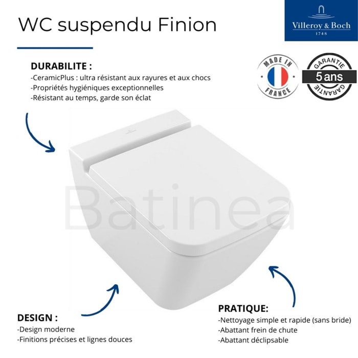 Pack WC suspendu sans bride Finion + abattant + plaque chromée + bâti