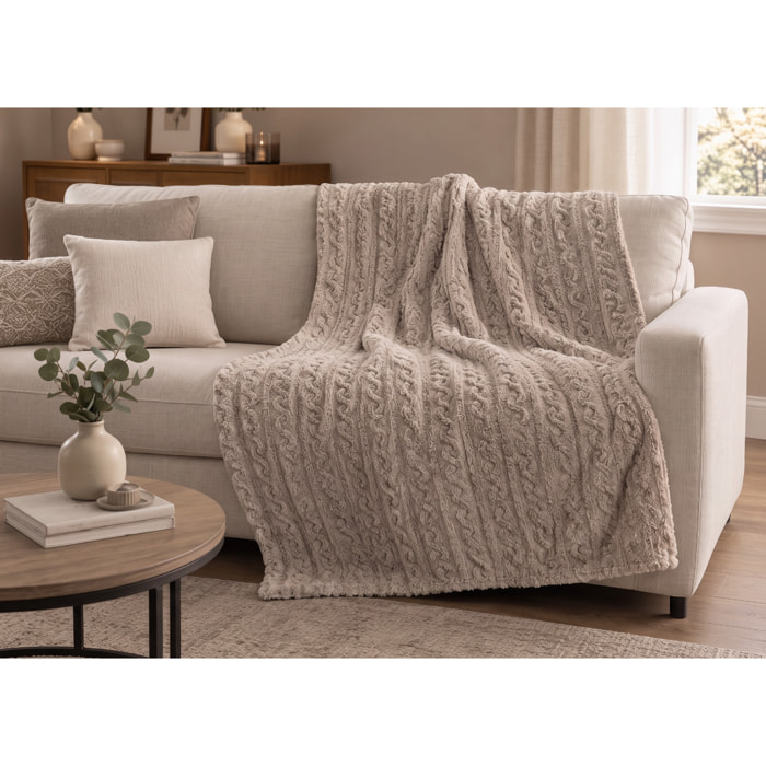 Plaid Pile Coperta Divano Letto Jacquard Lavorazione Maglia Morbido e Confortevole Disegno Treccia Colore Tortora