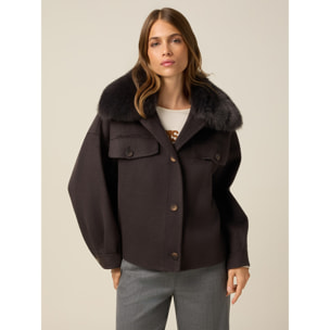 Oltre - Cappotto corto misto lana con collo peloso - Marrone