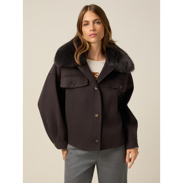 Oltre - Cappotto corto misto lana con collo peloso - Marrone