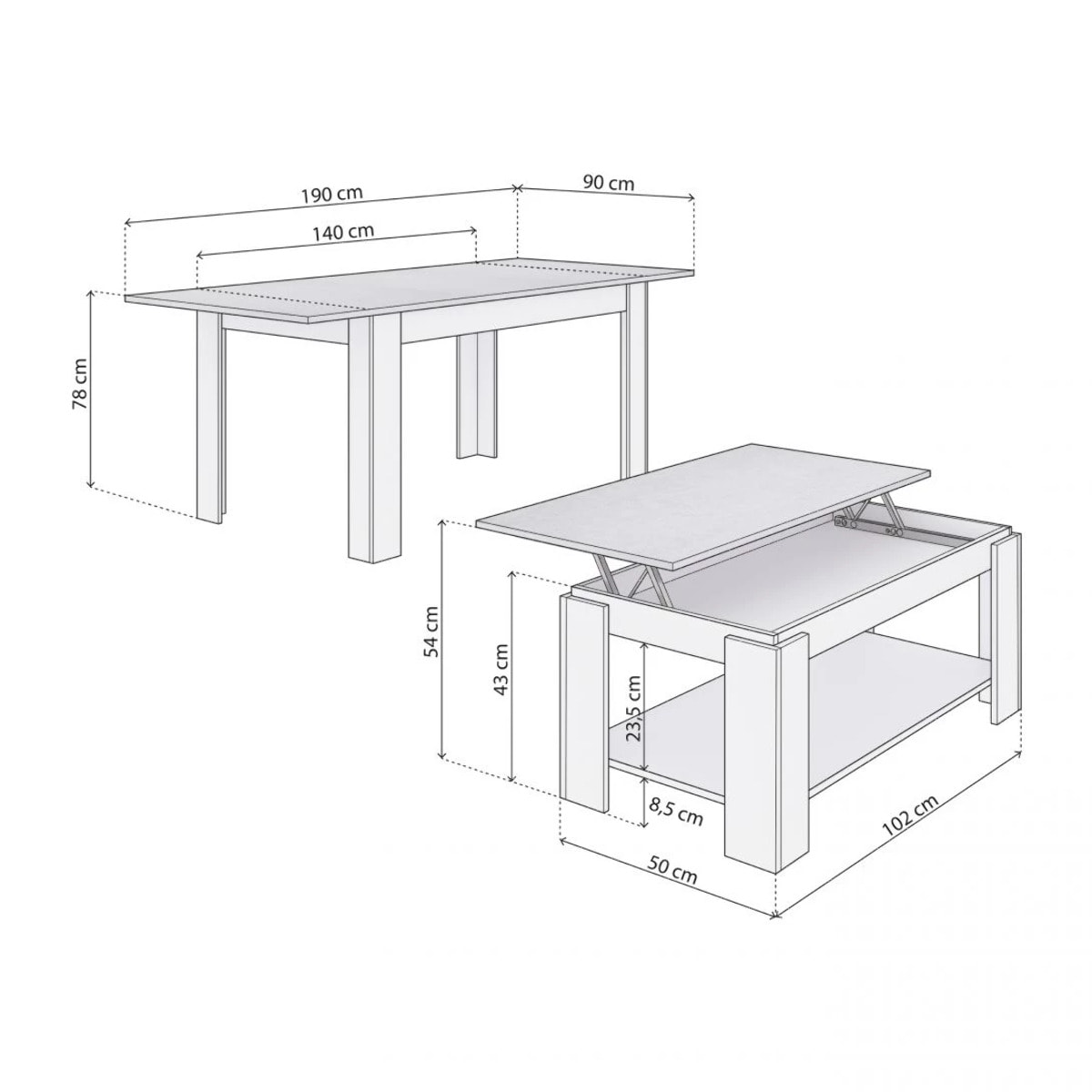 Pack mesa de comedor 140 y mesa de centro Lya Blanco Artik (Blanco Mate) - Gris Cemento