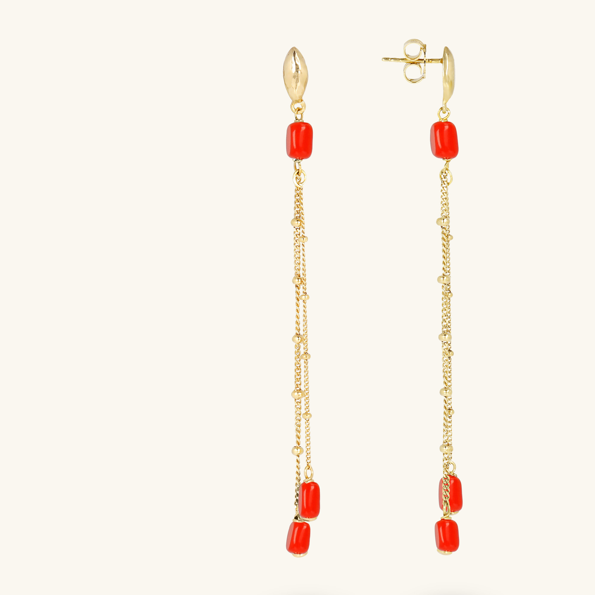 Orecchini Pendenti Multifilo in Argento 925 Placcati Oro Giallo 18kt con Pietre Naturali Corallo Bambù Rosso