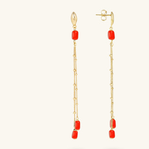 Orecchini Pendenti Multifilo in Argento 925 Placcati Oro Giallo 18kt con Pietre Naturali Corallo Bambù Rosso