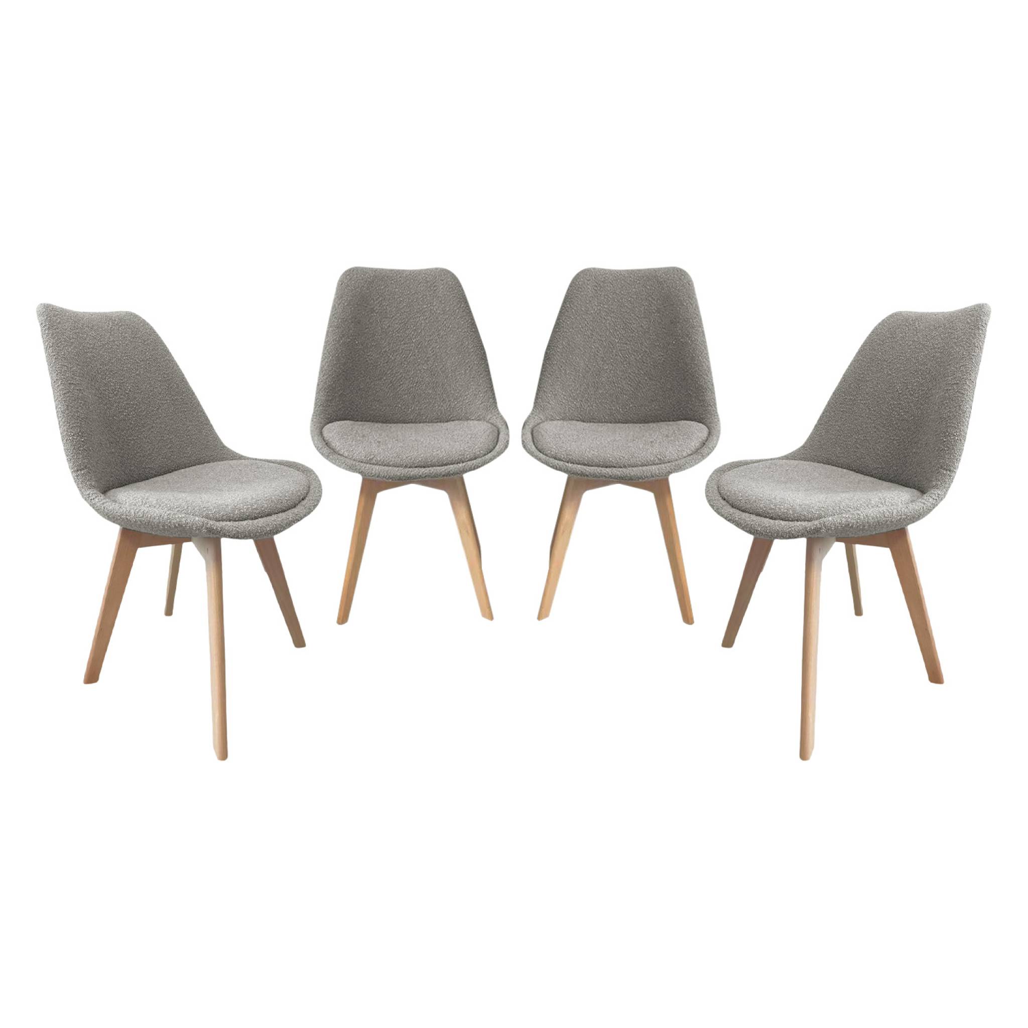 Lot de 4 chaises scandinaves revêtement bouclette texturée gris clair. pieds bois de hêtre - Nils