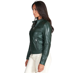 Giacca biker in pelle naturale verde effetto liscio