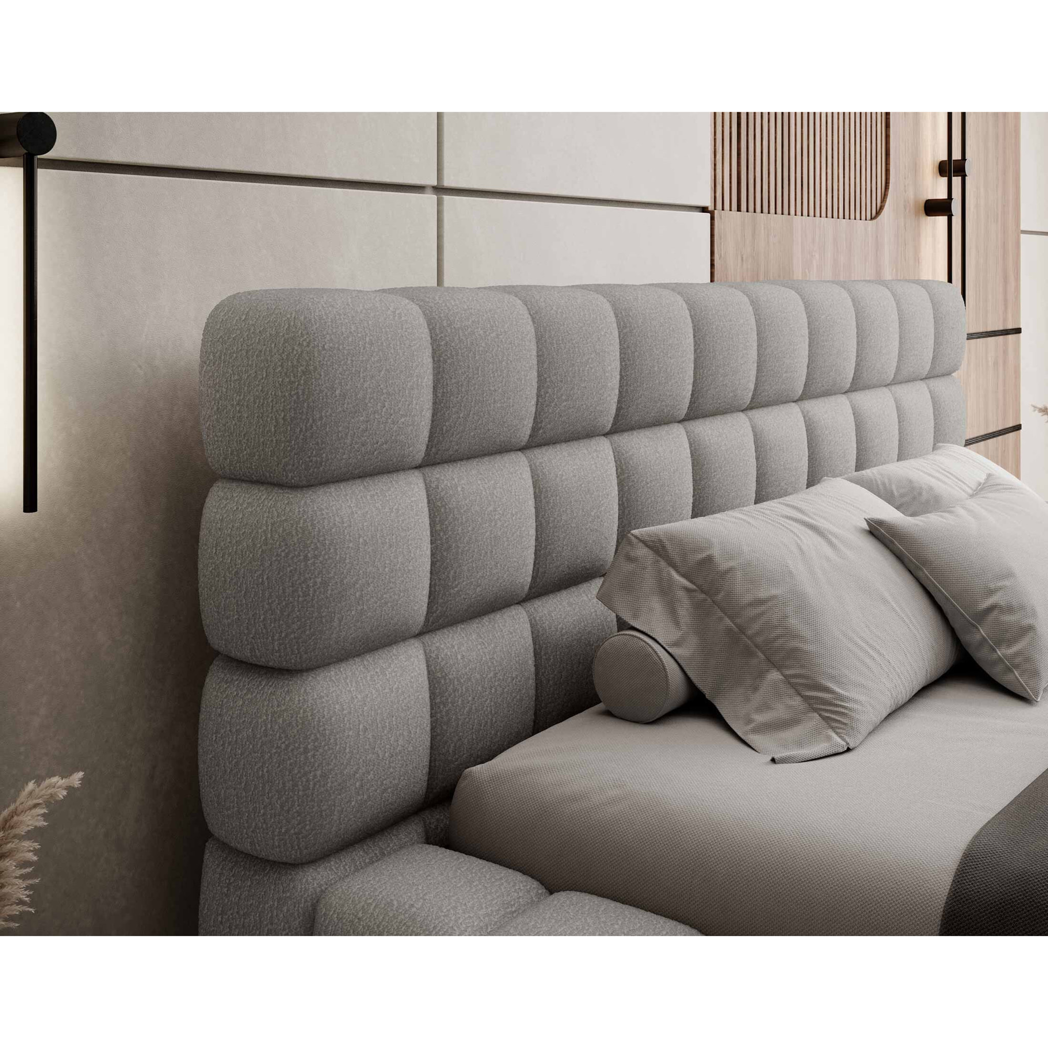 Kingston - lit coffre - 180x200 - sommier inclus - en tissu bouclette - Gris