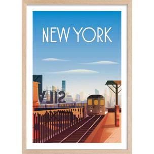 Affiche ville voyage New York City Affiche + cadre en bois - Chêne