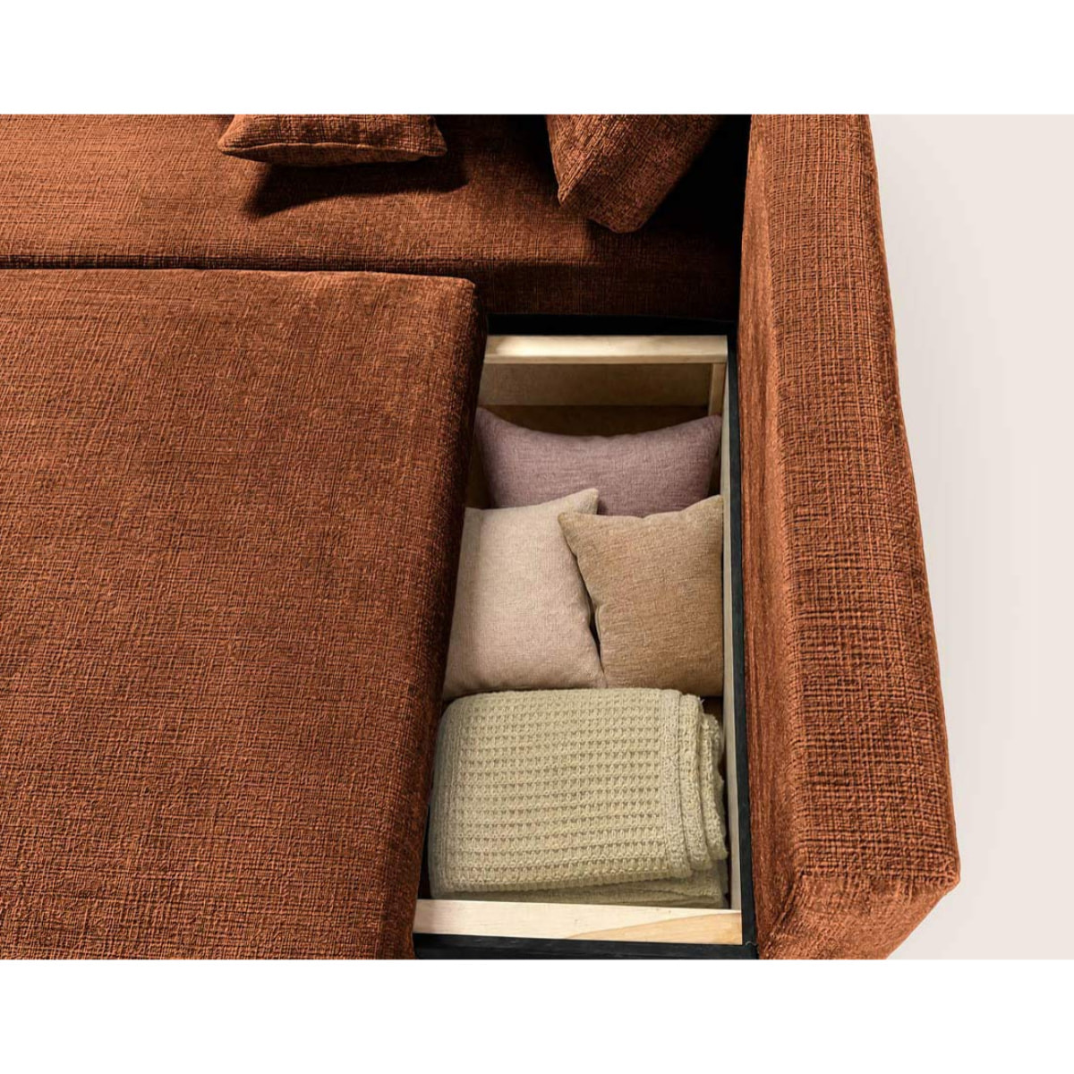 Miro - Canapé d'angle gauche 4 places convertible avec coffre en velours texturé - Rouille