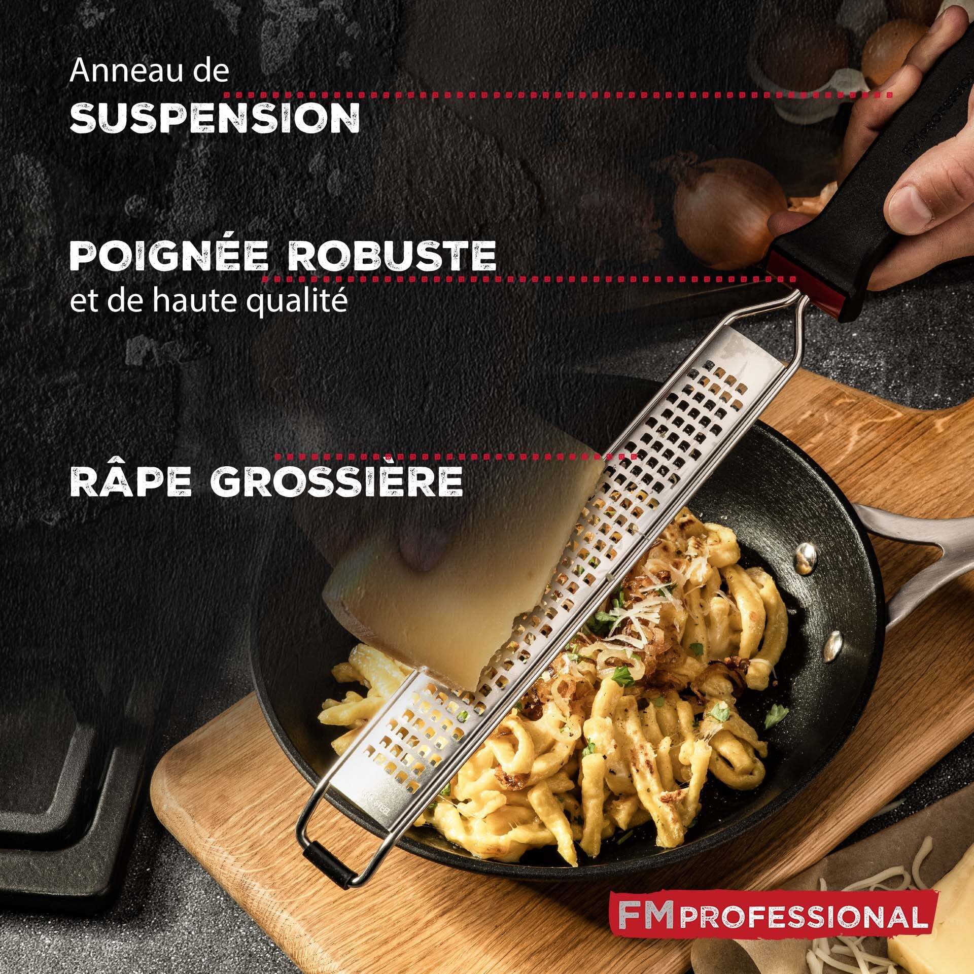 Duo Râpe à zeste longue à gros grain avec couvercle de protection 42 cm et Râpe à parmesan et sa boîte de rangement 19 cm FM Professional Gourmet