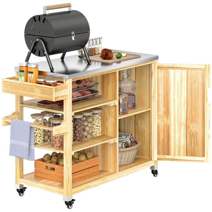 Carrito de Parrilla Carrito de Barbacoa de Madera Carro de Servicio con 4 Ruedas Estantes Armario Encimera de Acero Inoxidable Toallero y Especiero para Jardín Patio 134,5x50x91,5 cm Natural