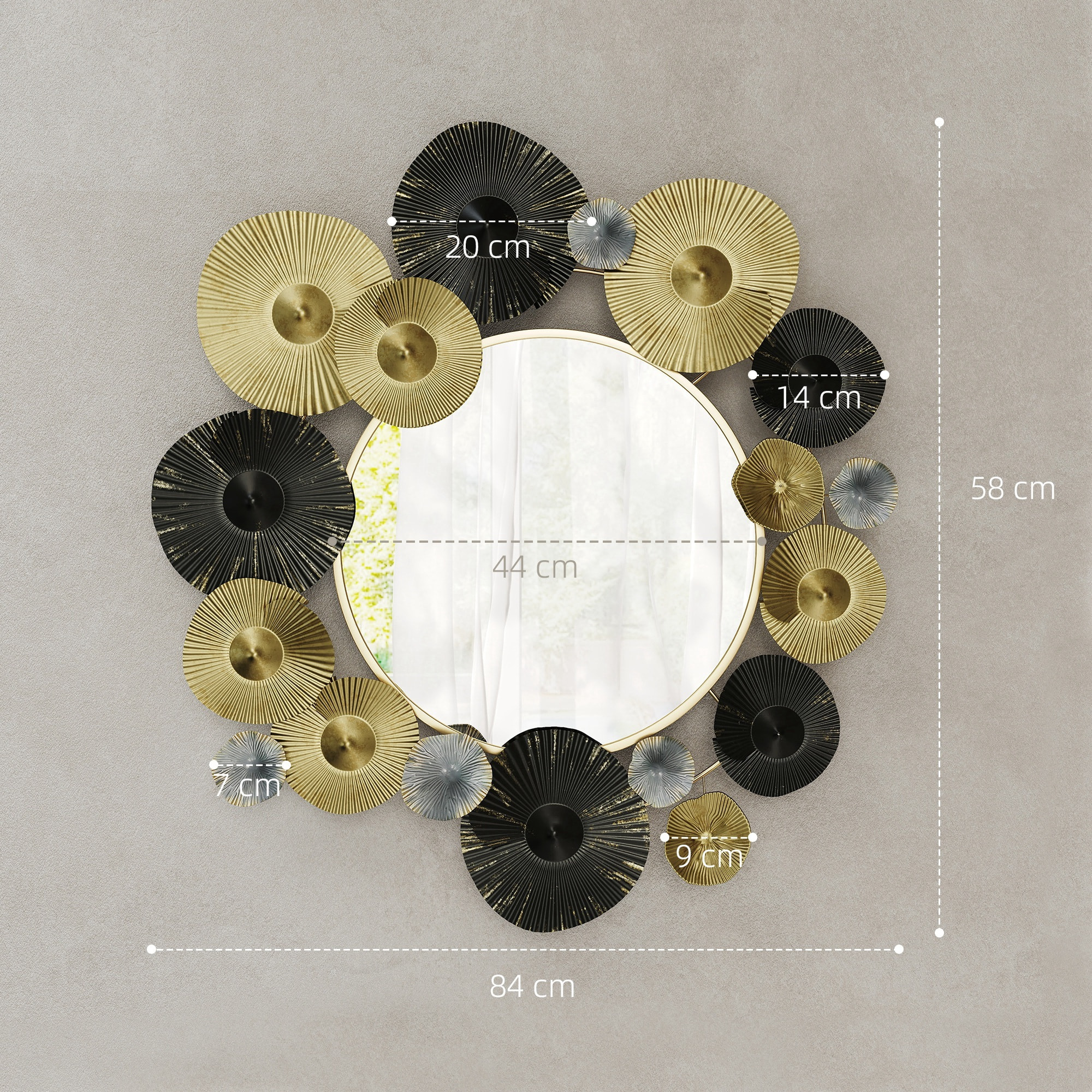 Espejo Decorativo de Pared, Adorno de Pared Metálico con Espejo Decorativo, para Salón, Dormitorio, Pasillo, 84x84 cm, Dorado y Negro