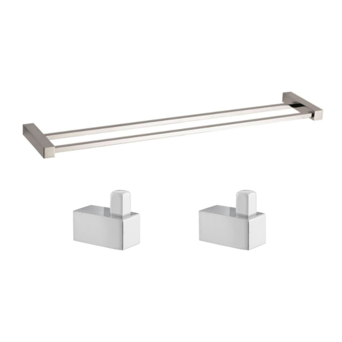 Multi set de deux crochets de salle de bain + porte-serviettes 2 barres, longueur de 60 cm, chrome (ELEMULTI-SET8)