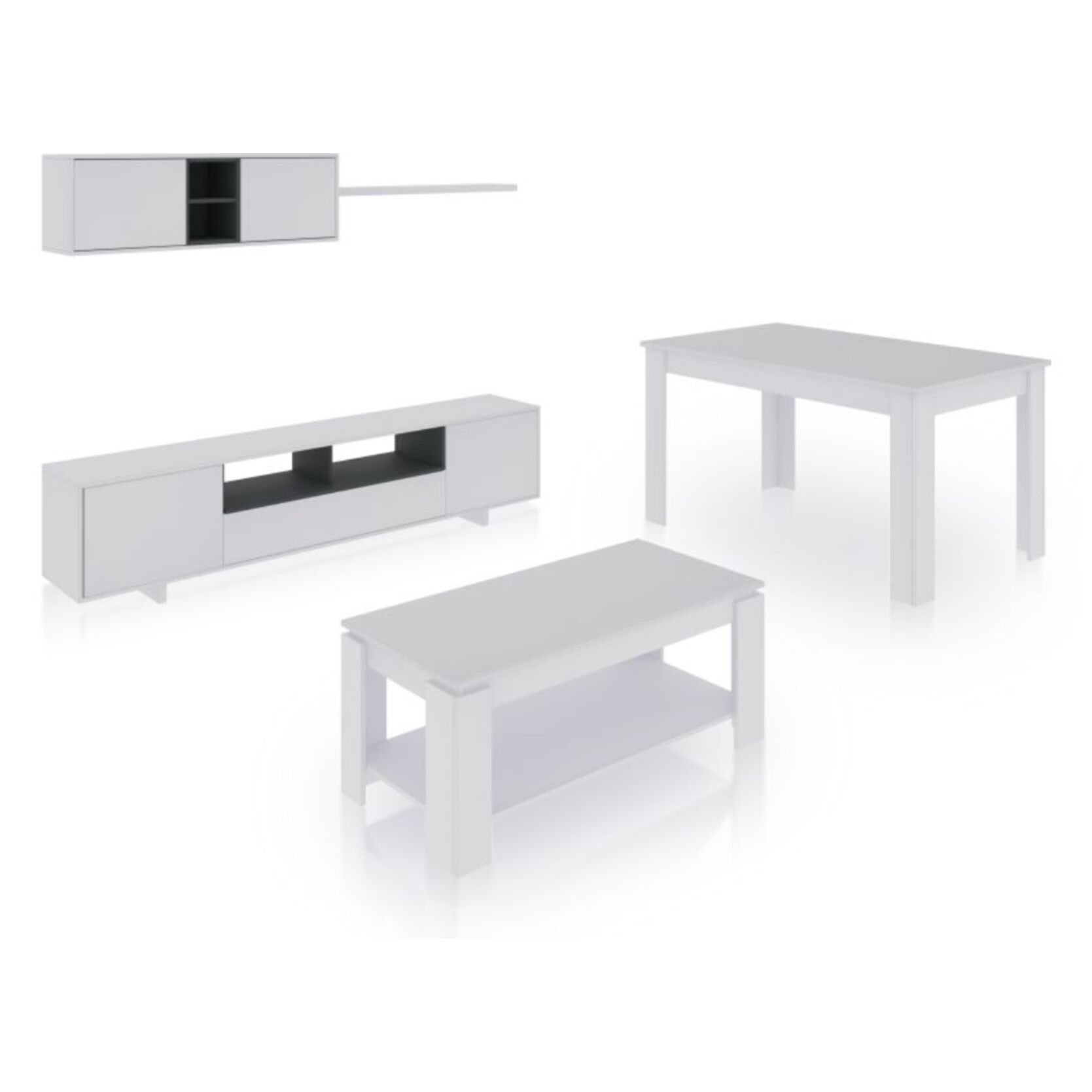 Pack salón con mesa de centro y mesa de comedor Kenzo Max V1A Blanco Brillo - Gris Antracita