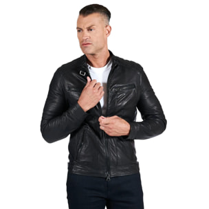 Giacca in pelle raggrinzita nera biker trapuntato sulle spalle