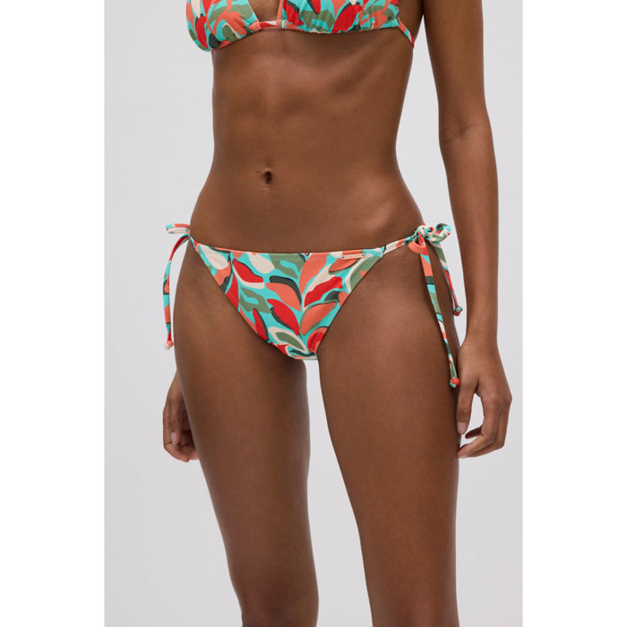 Mini slip bikini annodato in micropiqué con stampa tropicale